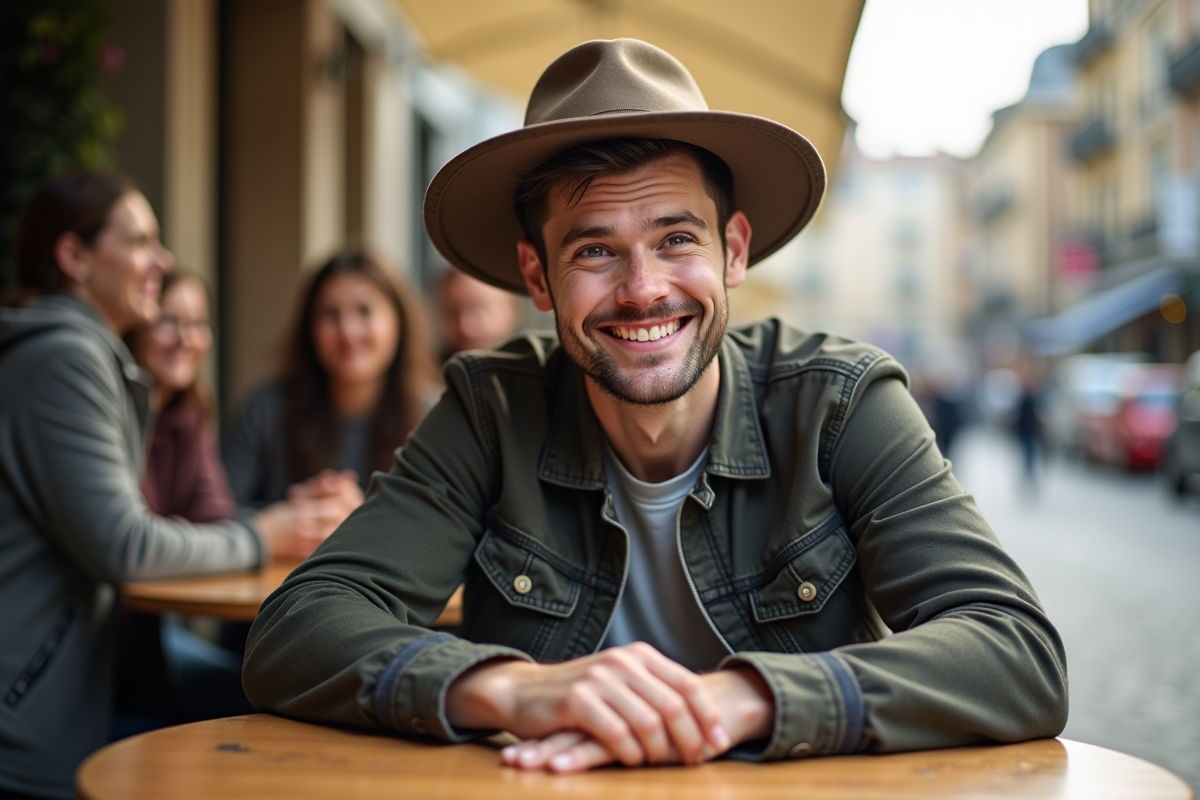 Jeune homme portant un chapeau maladroit au café en plein air