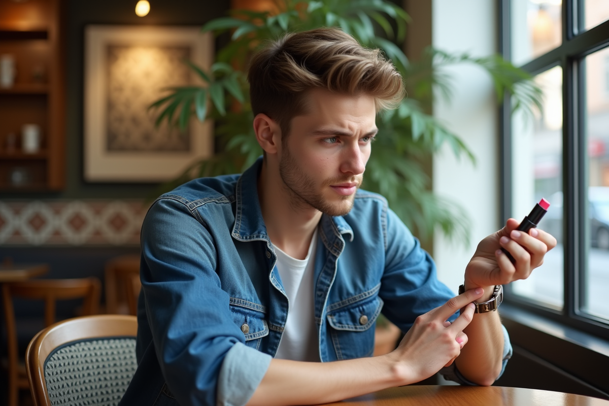 Jeune homme testant un rouge à lèvres au café