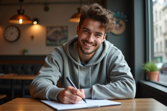Jeune homme souriant en café jouant avec des mots