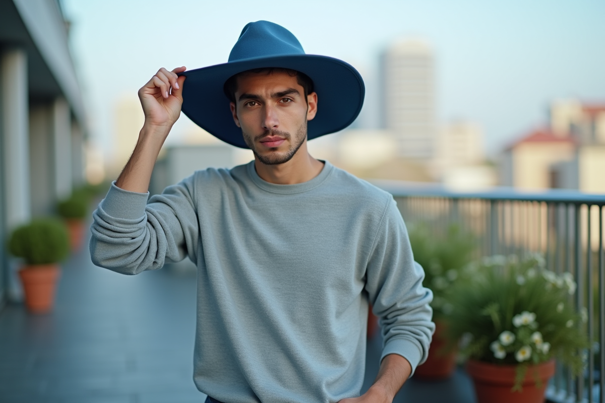 Jeune homme ajustant un chapeau de soleil bleu en ville