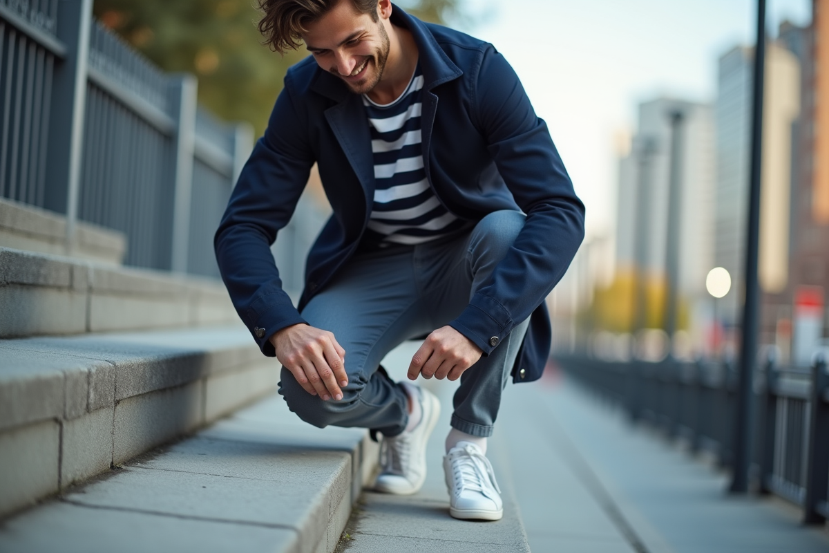 Jeune homme en extérieur ajustant ses chaussettes sur les escaliers urbains