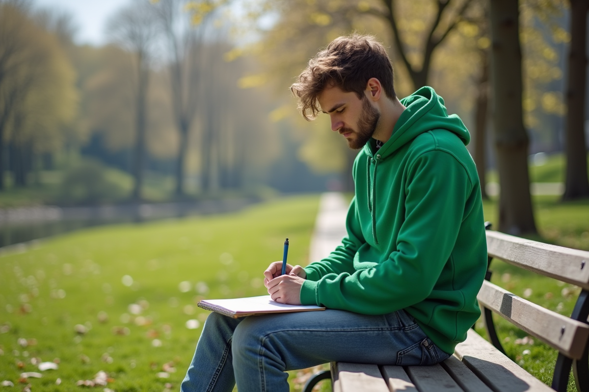 Jeune homme en vert dessinant dans un parc
