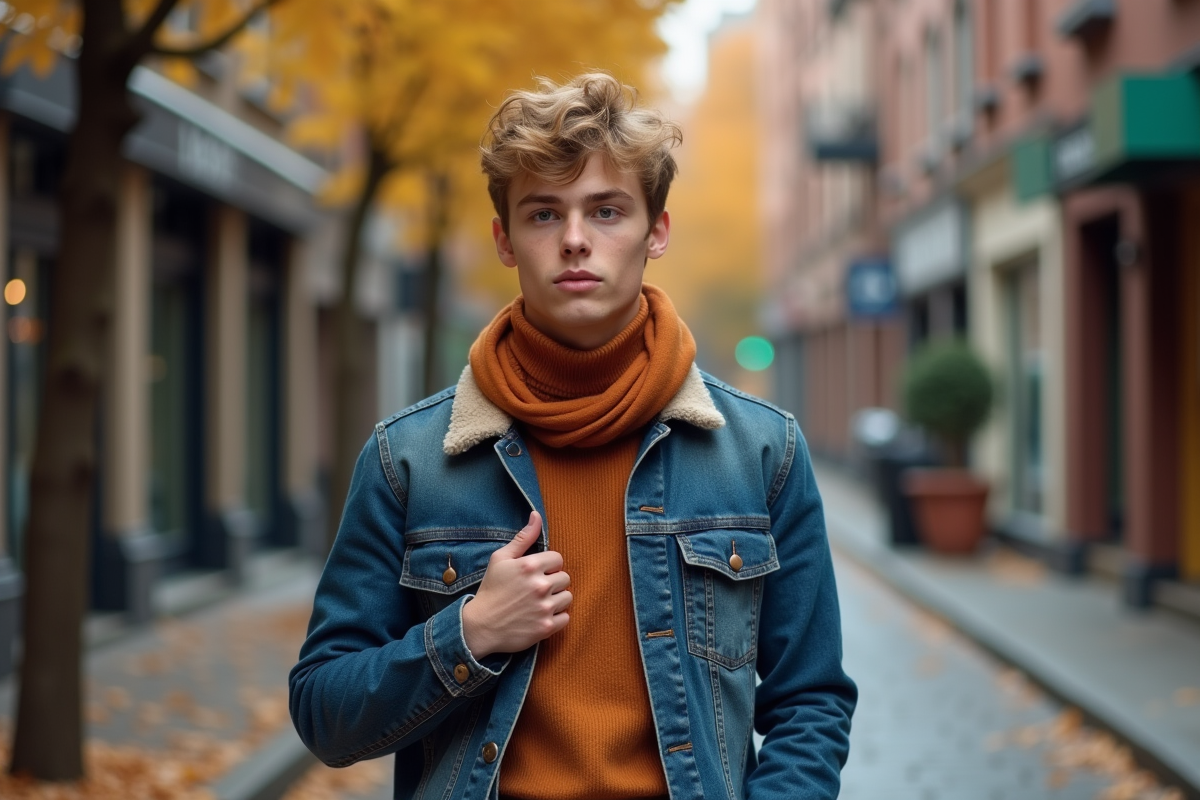 Jeune homme ajustant une echarpe sur une rue urbaine automnale