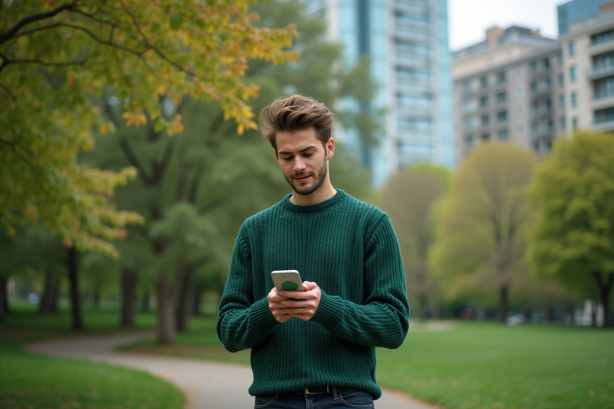 Jeune homme dans un parc urbain avec palette de verts