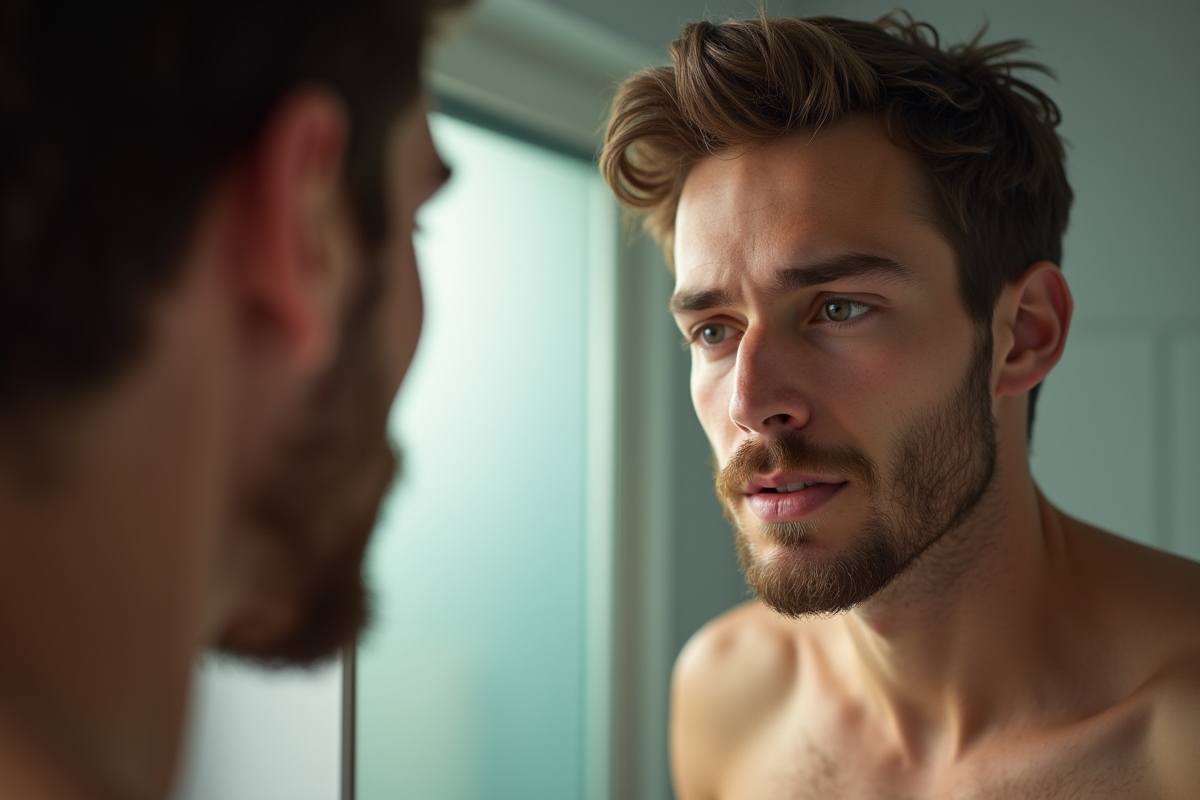 Jeune homme regardant son reflet dans le miroir