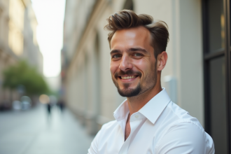 Jeune homme souriant en extérieur avec barbe soignée