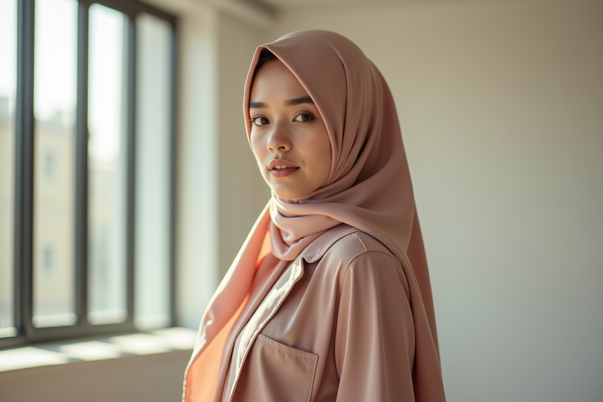 Jeune femme en hijab élégant dans un studio lumineux