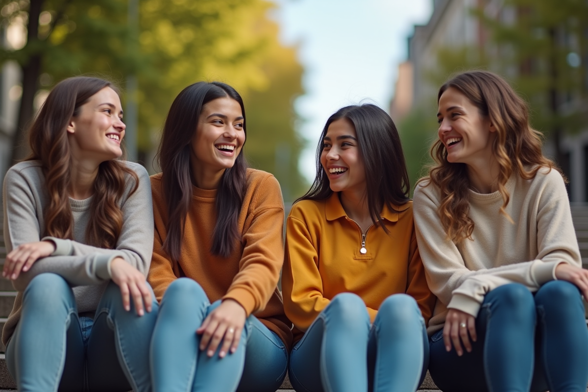 Jeunes en tenues Chaps souriants en extérieur en ville