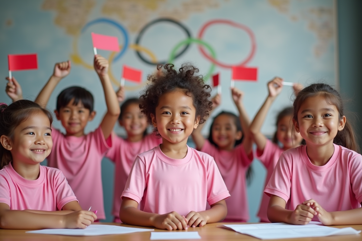 Jeunes enfants souriants avec drapeaux olympiques en intérieur