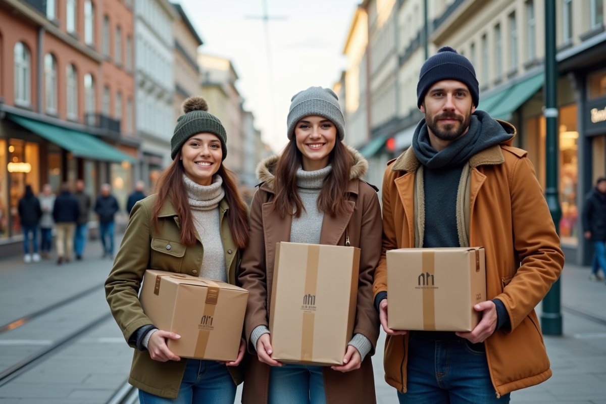 Groupe de jeunes avec colis de livraison dans une ville européenne