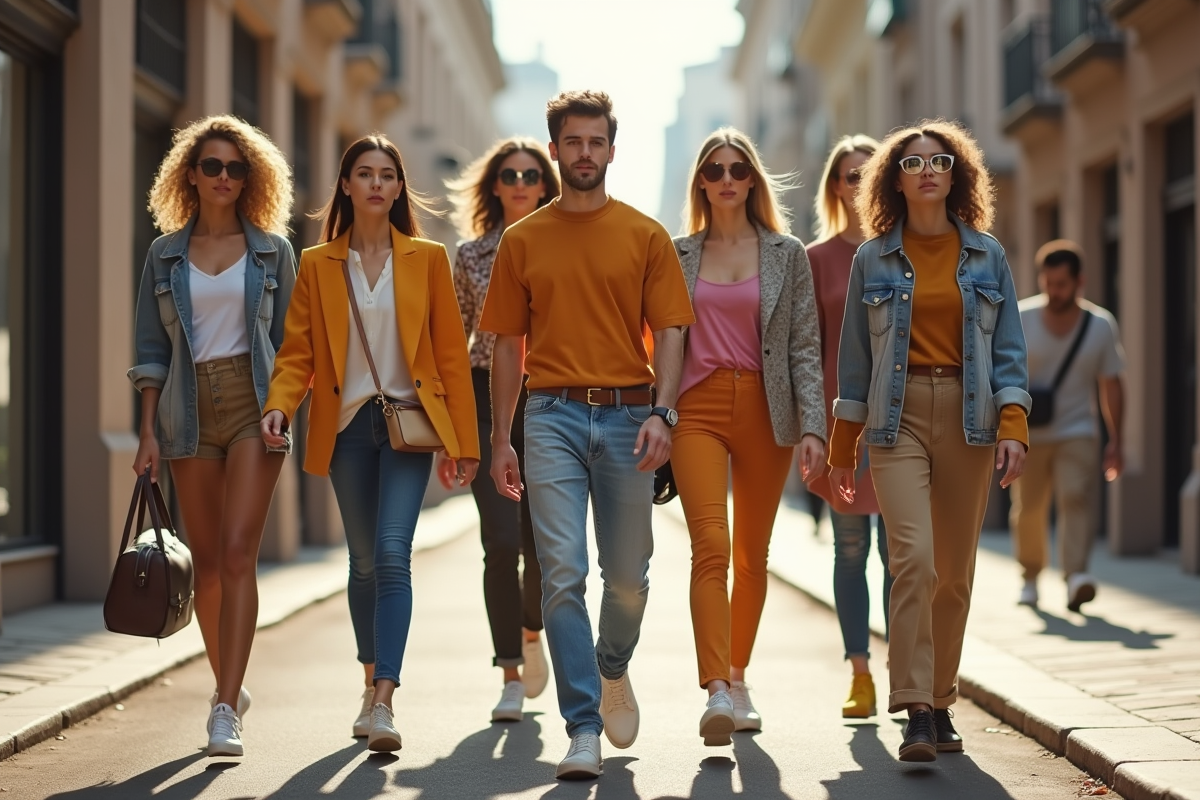 Groupe de jeunes adultes à la mode dans une rue urbaine ensoleillée