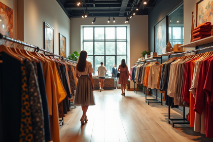 Intérieur d'un magasin de vêtements moderne et élégant avec clients heureux