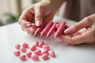 Zoom sur des mains tenant des rouges à lèvres roses et lip liners