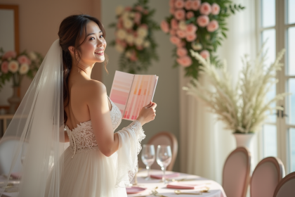 Femme souriante en robe de mariée pastel lors d'un mariage intérieur