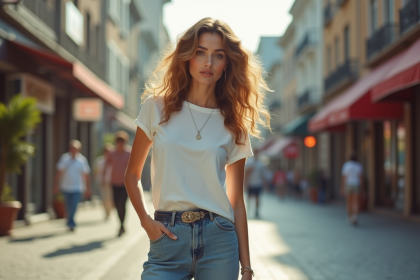 Mannequin mode 90s avec maquillage naturel et cheveux volumineux