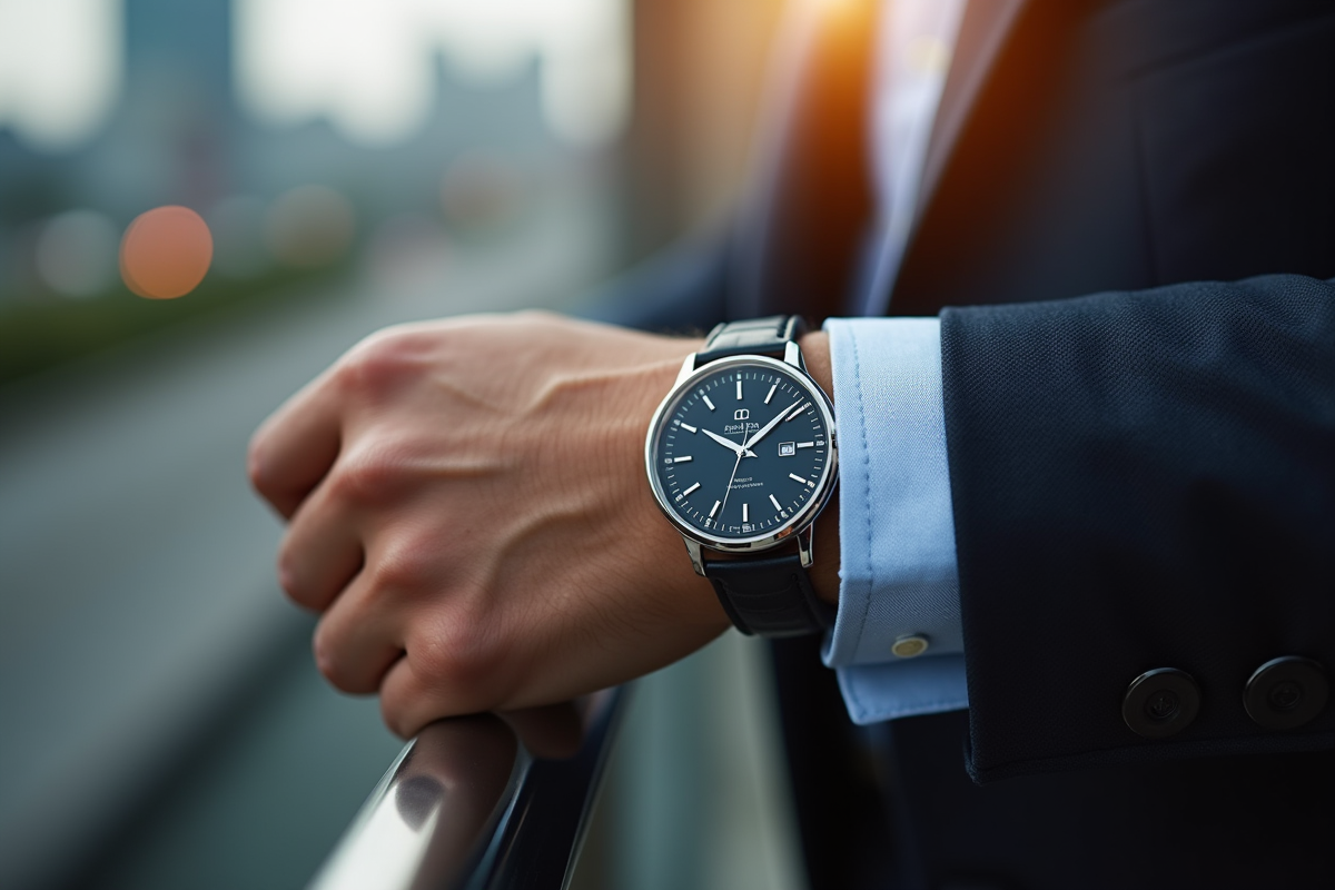 Montre élégante portée par un homme en extérieur en plein jour