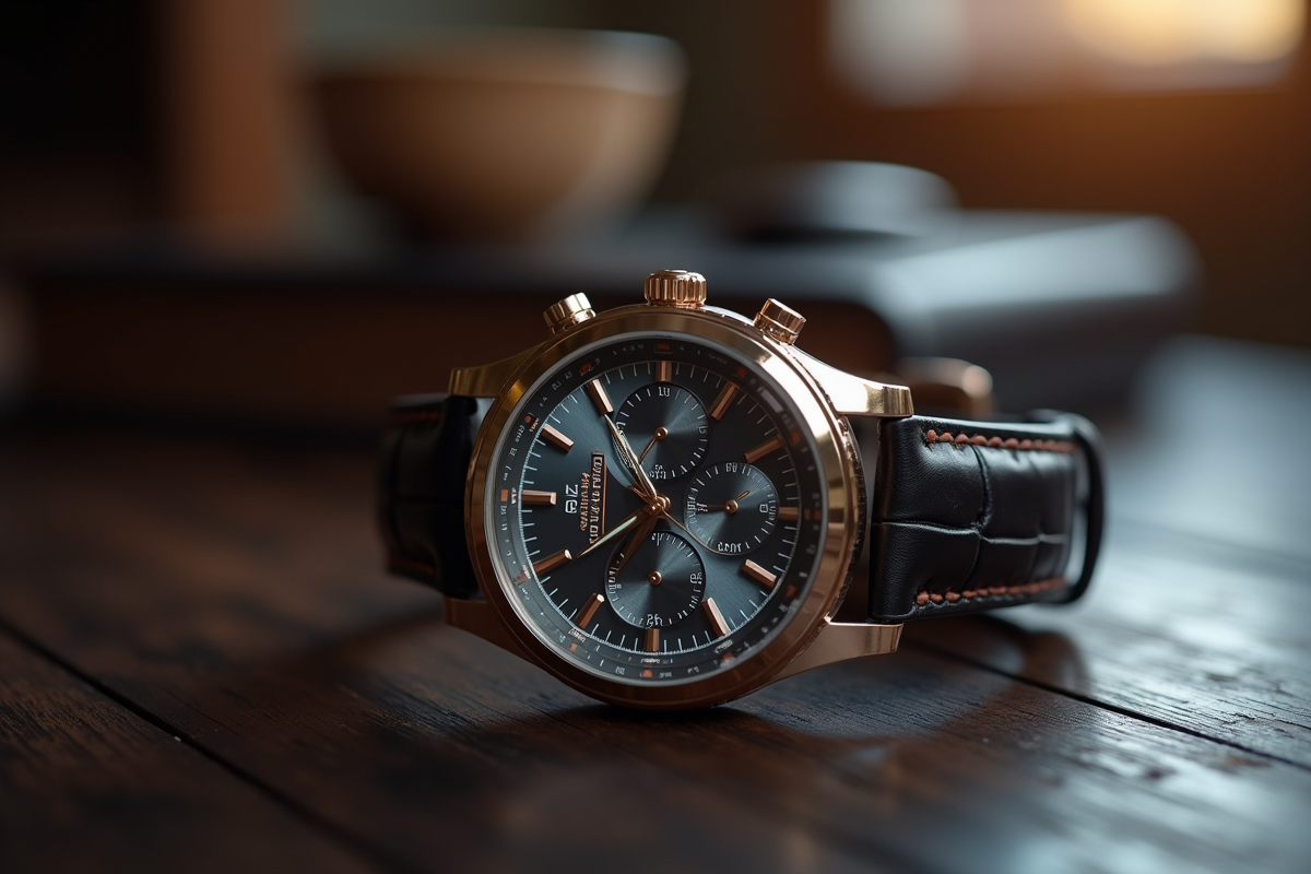 Montre de luxe sur table en bois sombre en lumière douce