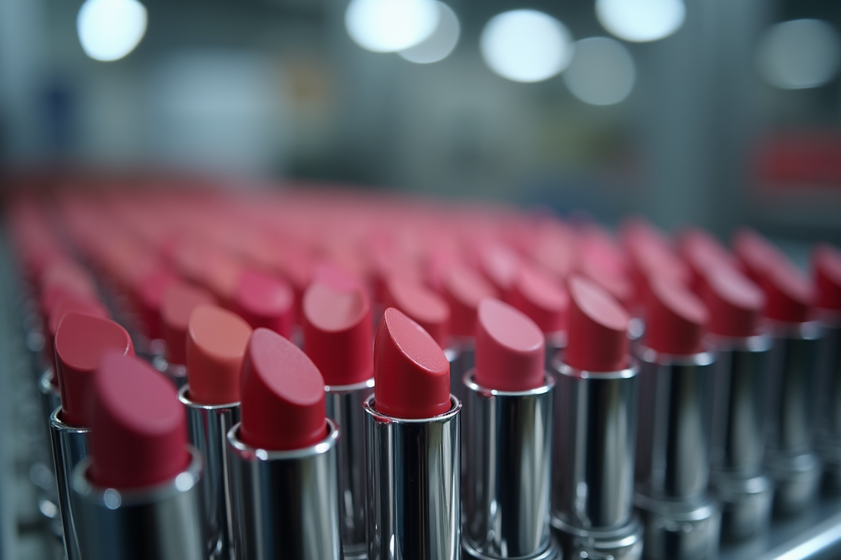 Lipsticks fraîchement coulés dans des moules métalliques dans une usine moderne