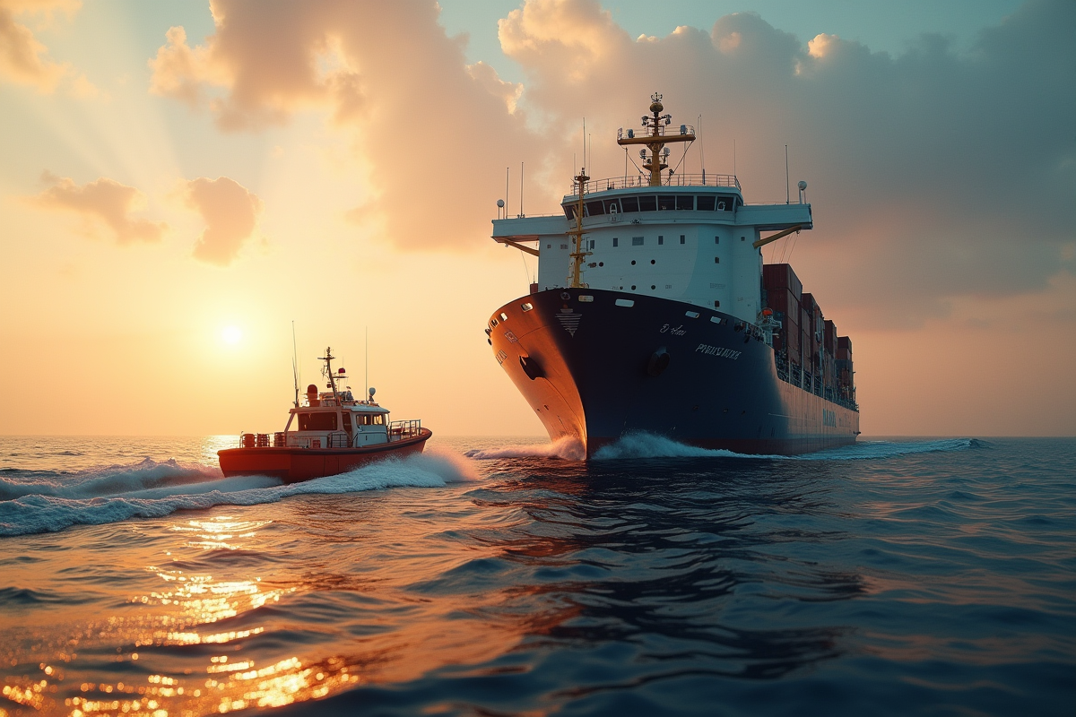 Grand navire naviguant dans un chenal au lever du soleil