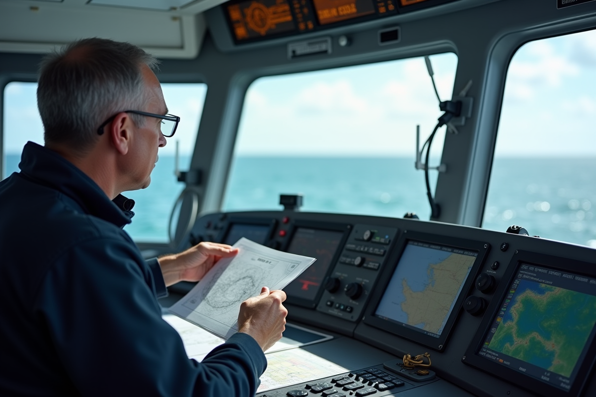 Pilote maritime expérimenté pointant vers des cartes nautiques