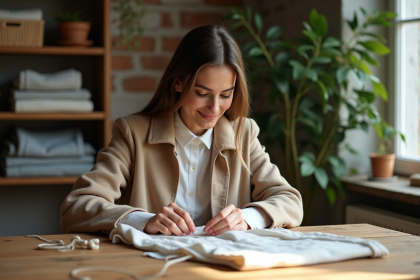 Femme r&eacute;parant une chemise en coton &agrave; la main dans un int&eacute;rieur chaleureux