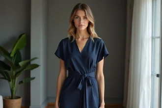 Femme en robe navy élégante dans un intérieur moderne