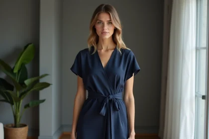 Femme en robe navy &eacute;l&eacute;gante dans un int&eacute;rieur moderne