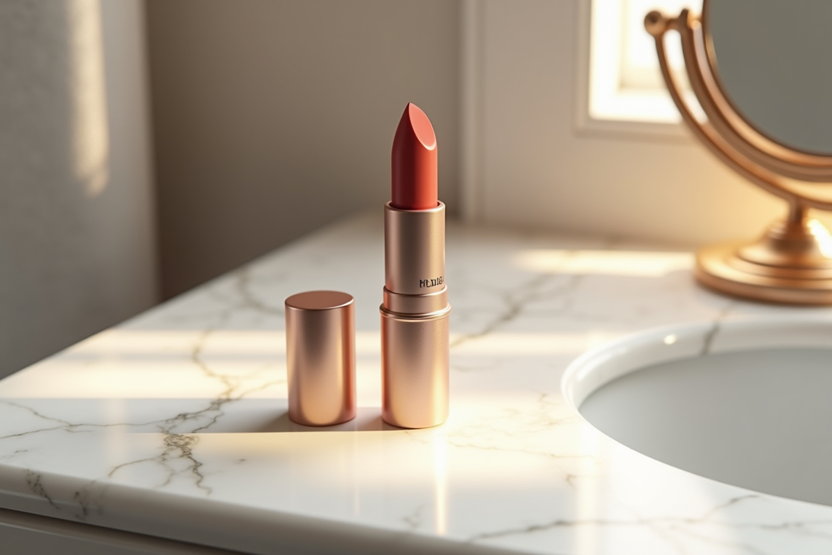 Rouge à lèvres élégant sur marbre avec miroir et lumière douce