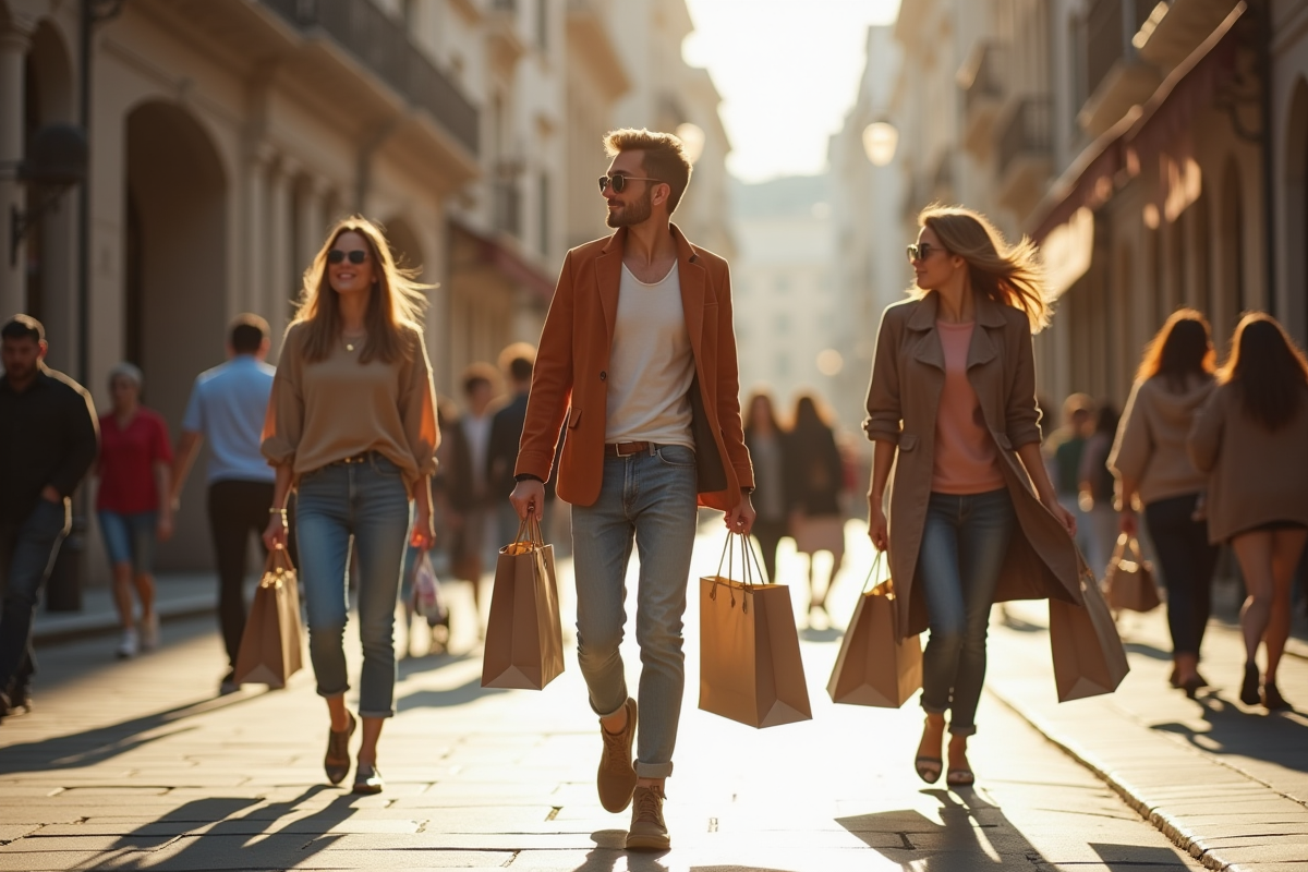 Rue commerçante animée avec des passants en vêtements chics
