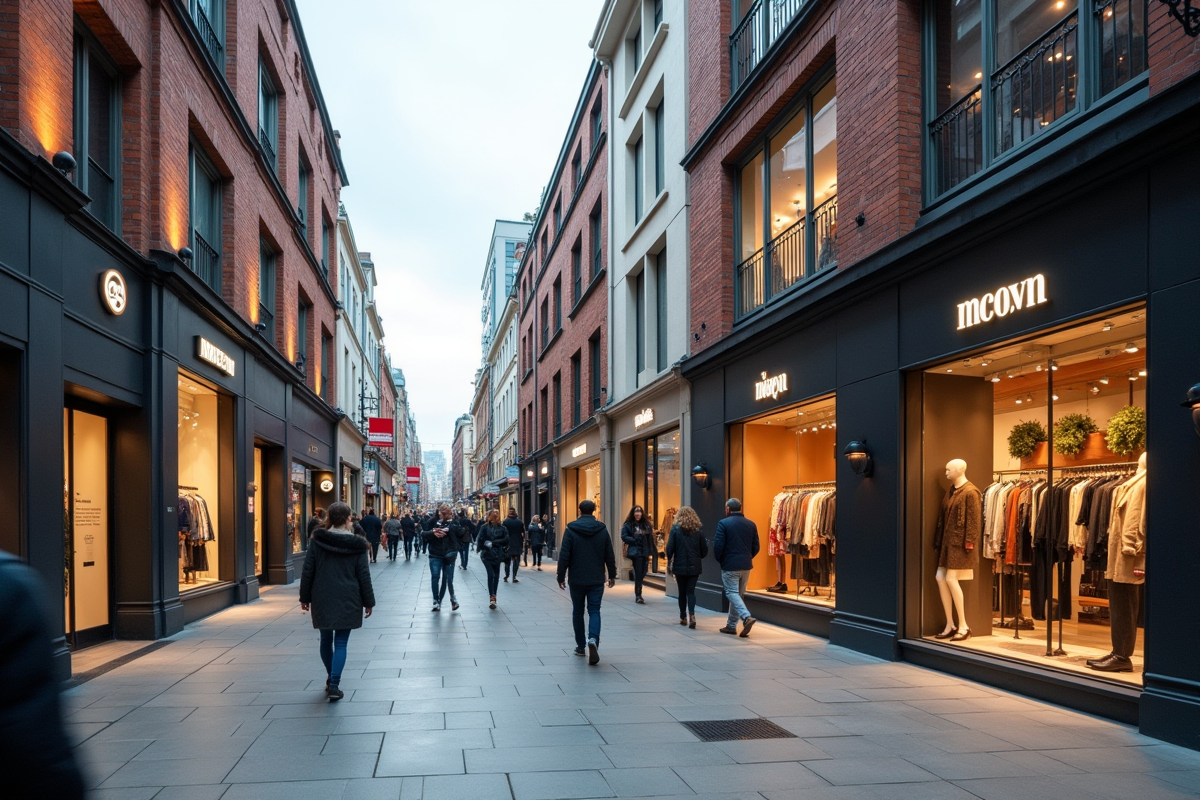 Rue animée avec boutiques de vêtements et passants sous un ciel clair