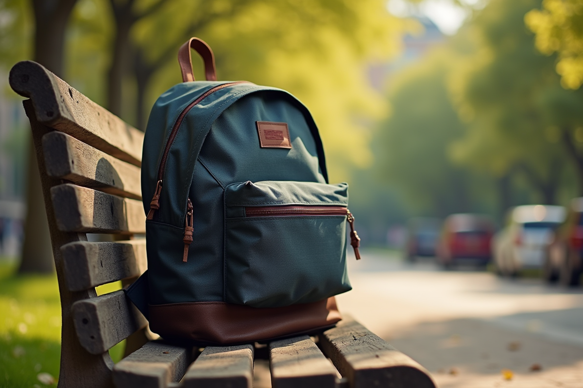Sac Eastpak usé sur un banc dans un parc urbain