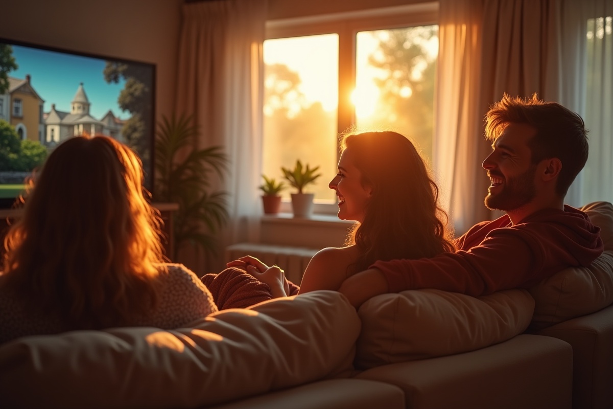 Amis riant regardant la télé dans un salon chaleureux