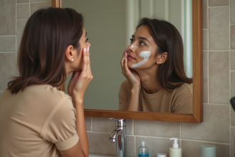 Femme appliquant crème visage dans salle de bain chaleureuse